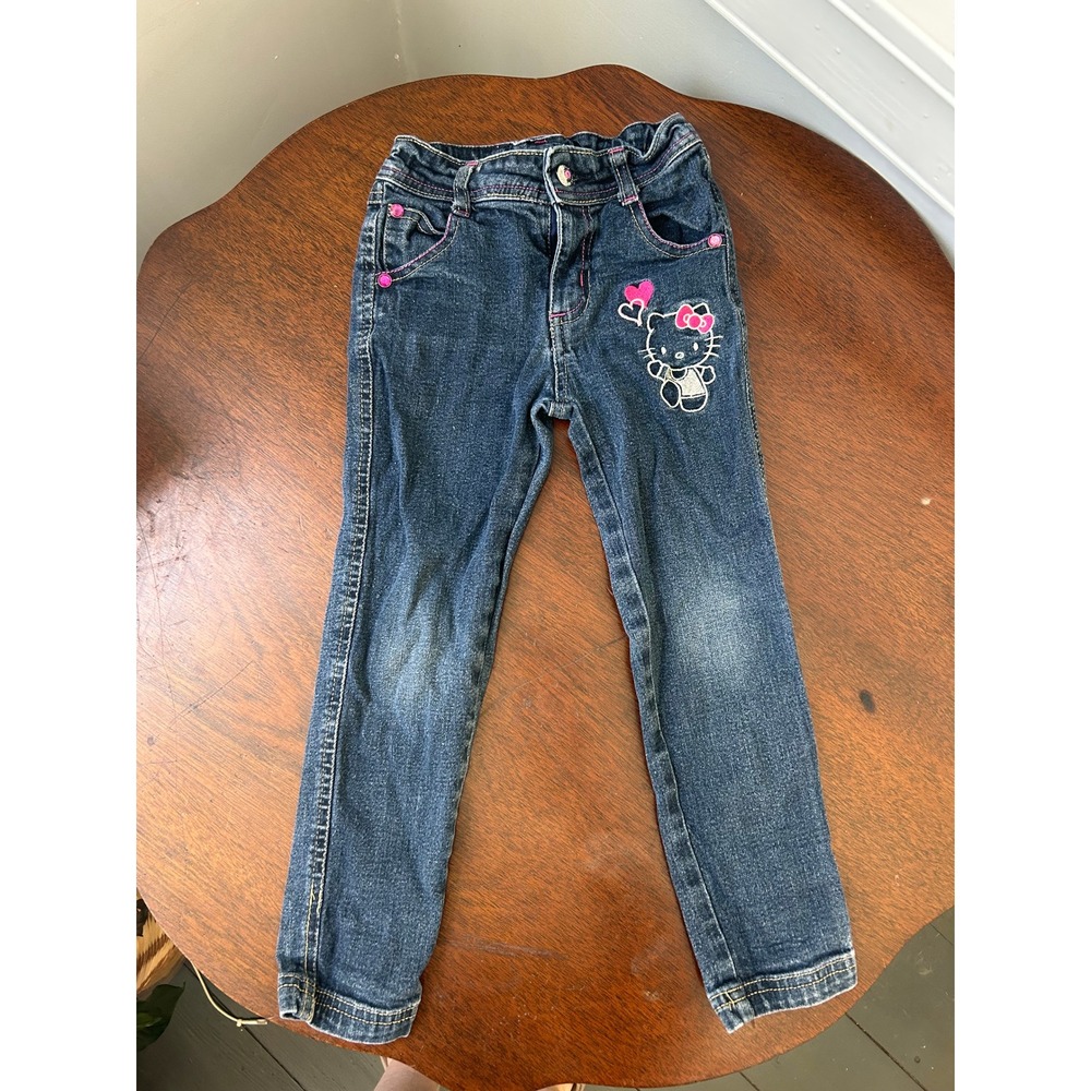 Hello Kitty Sanrio Girls Dark Wash Denim Jeans Pink Hearts Embroidery Size 4